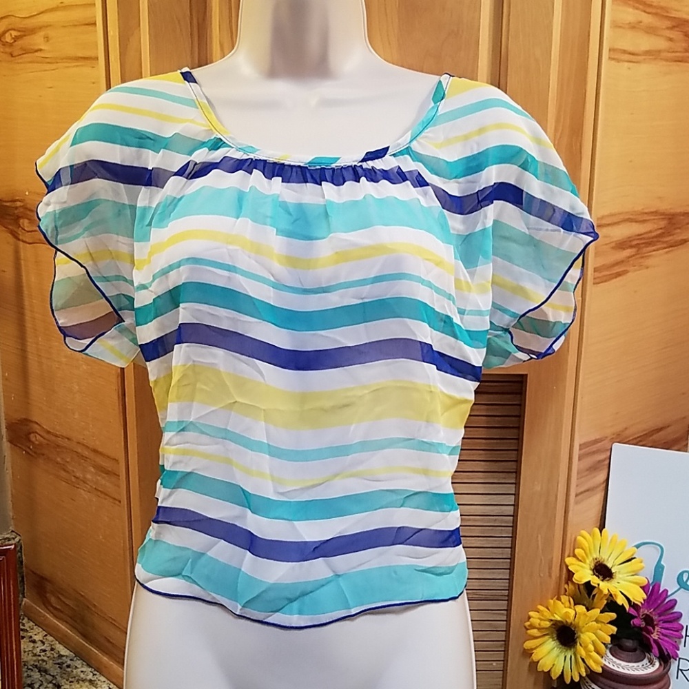 A'gaci | white, blue & teal green striped semi sheer top Large NWT